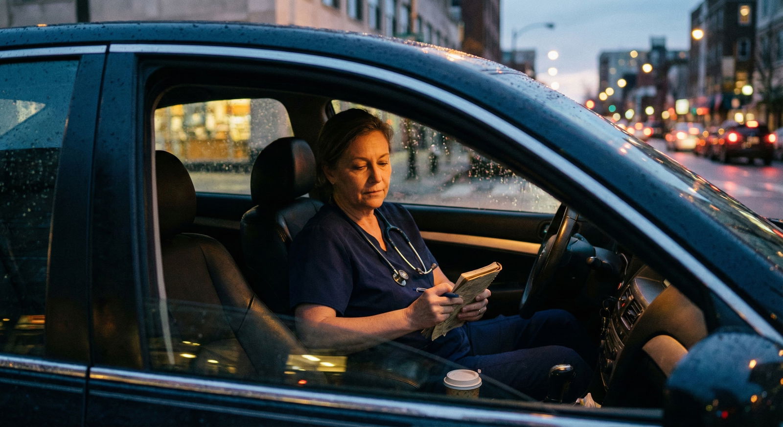 Doctor journaling mindfully after a hospital shift -  for Pre‑Shift and Post‑Shift: A 15‑Minute Mindfulness Bookend Routine