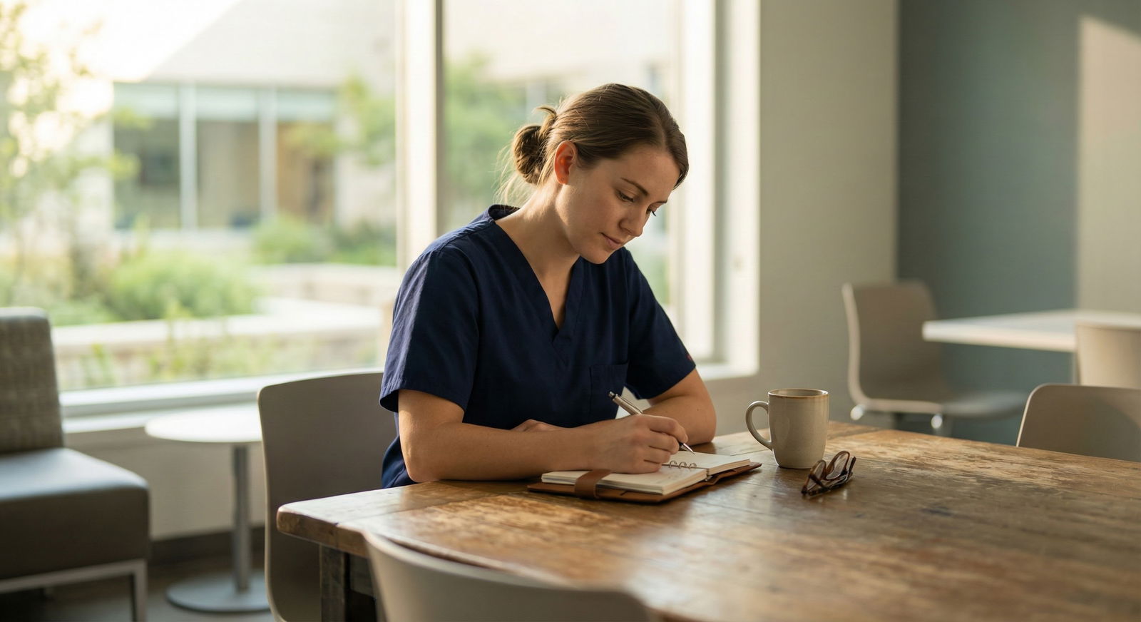 Doctor journaling quietly during a break -  for Vacation Weeks: A Mindfulness Reset Plan Before Returning to the Wards