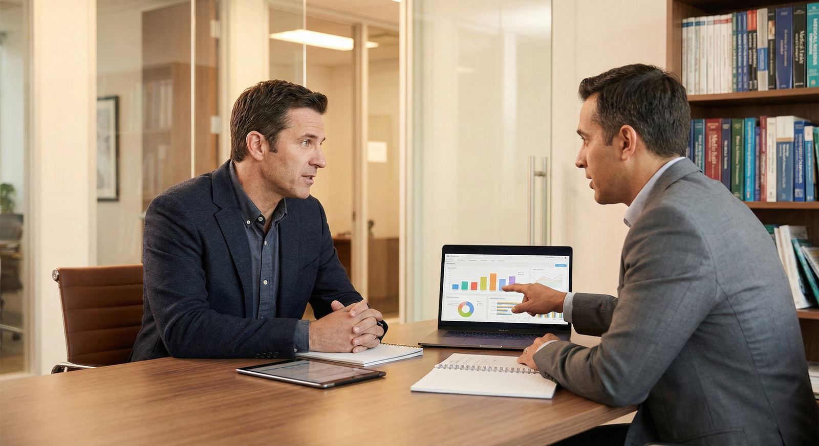 Doctor meeting with industry representative in an office -  for Do I Need Separate Networks for Clinical, Research, and Indus