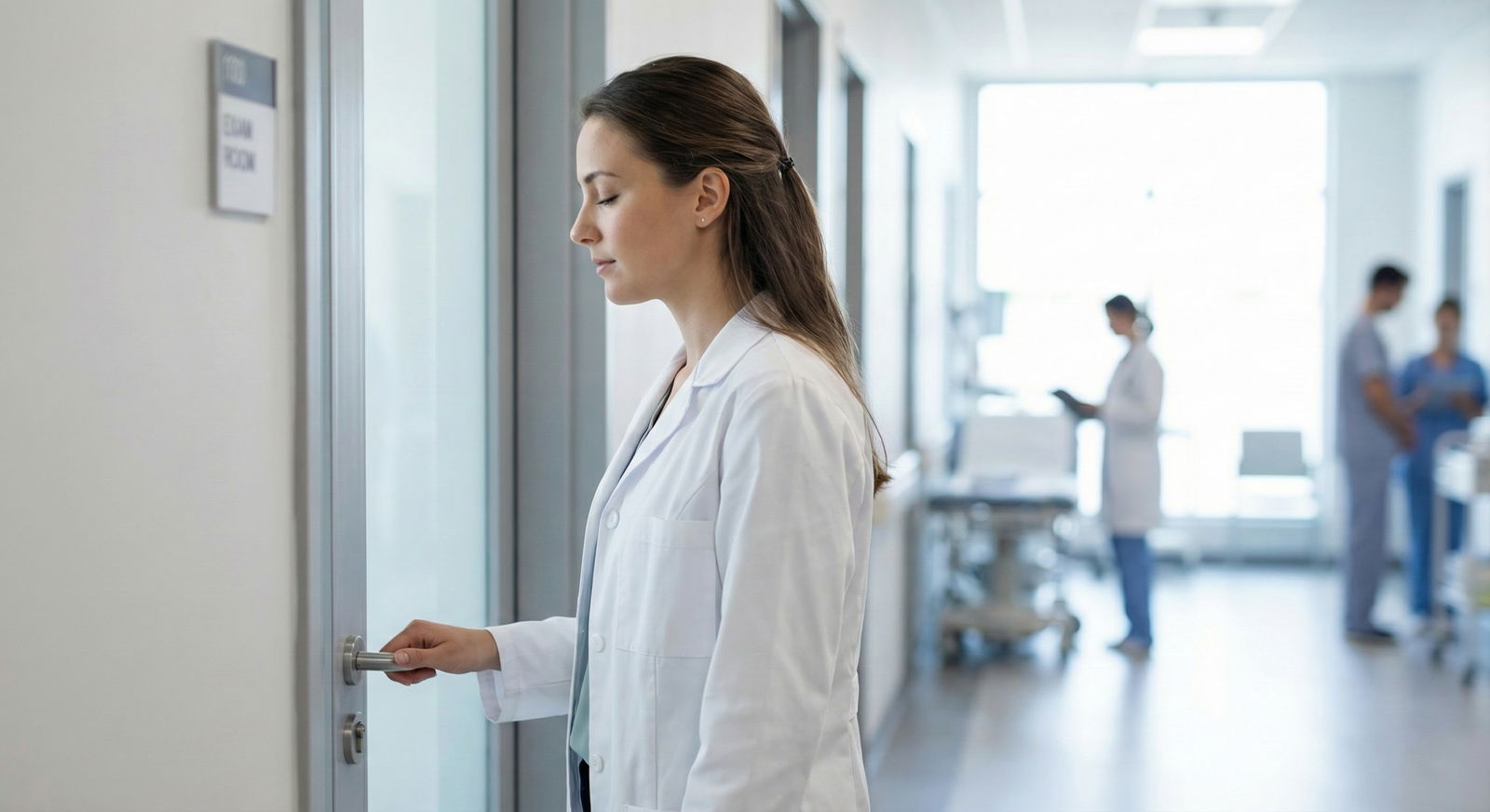 Doctor pausing mindfully before entering patient room -  for I Lose My Cool With Difficult Patients: Can Mindfulness Really H