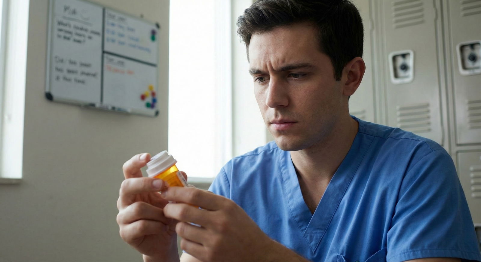 Doctor picking up a prescription bottle, conflicted but thoughtful -  for Am I Weak If I Need Therapy or Meds to Cope With Re