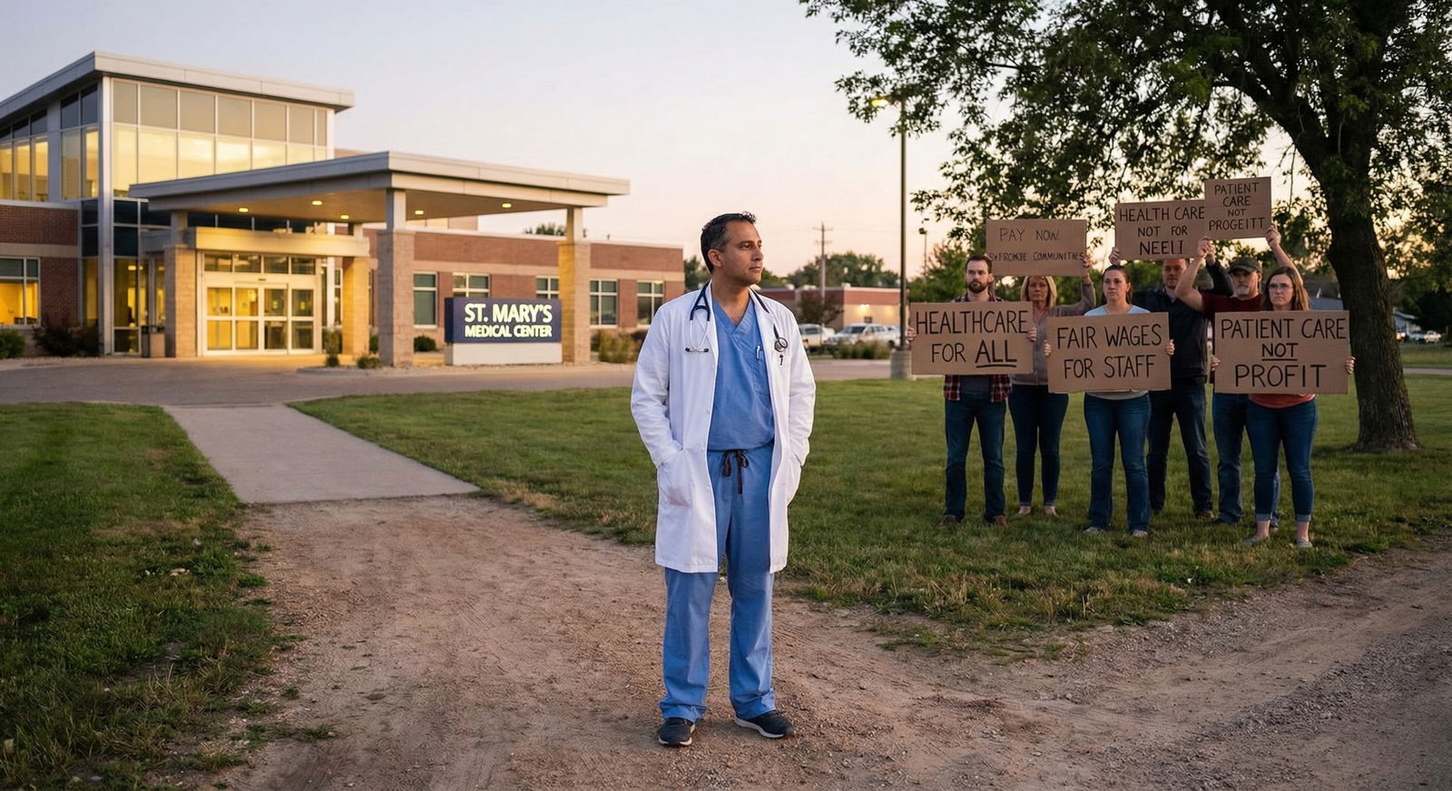 Doctor standing at a crossroads between hospital and protest -  for Is It Better to Work Quietly Inside Systems or Publicly P