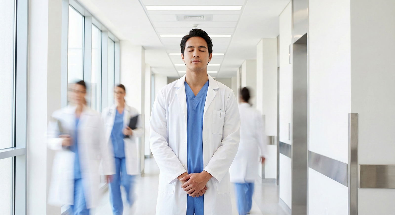 Doctor standing in hospital hallway pausing to take a breath -  for A 4‑Week Onboarding Plan to Build a Mindfulness Habit Bef