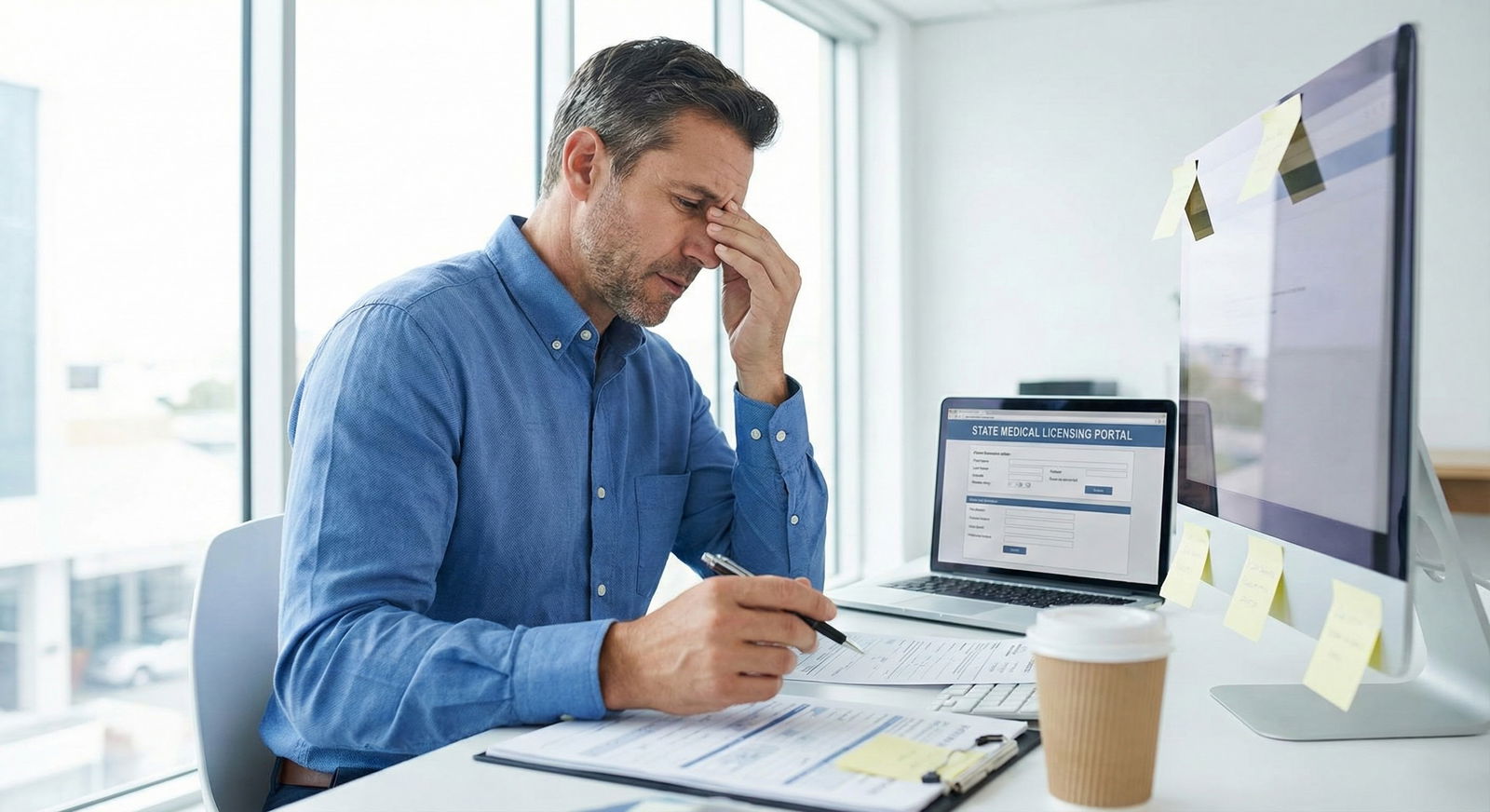 Doctor surrounded by medical board paperwork and laptop -  for Does Passing Step 3 Guarantee a Smooth Visa or State License?
