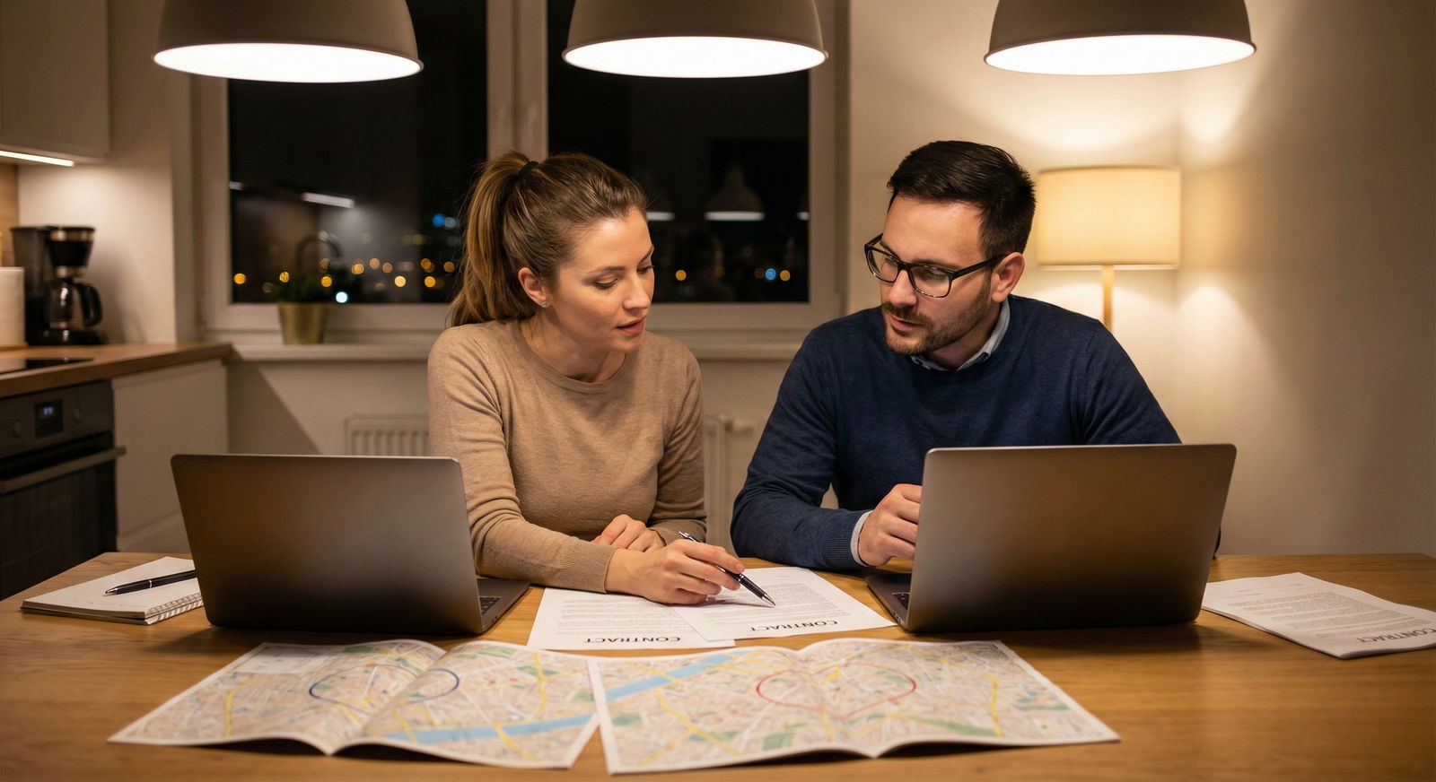 Dual-physician couple reviewing job offers together at their kitchen table -  for Dual-Physician Couples: How to Coordinate T