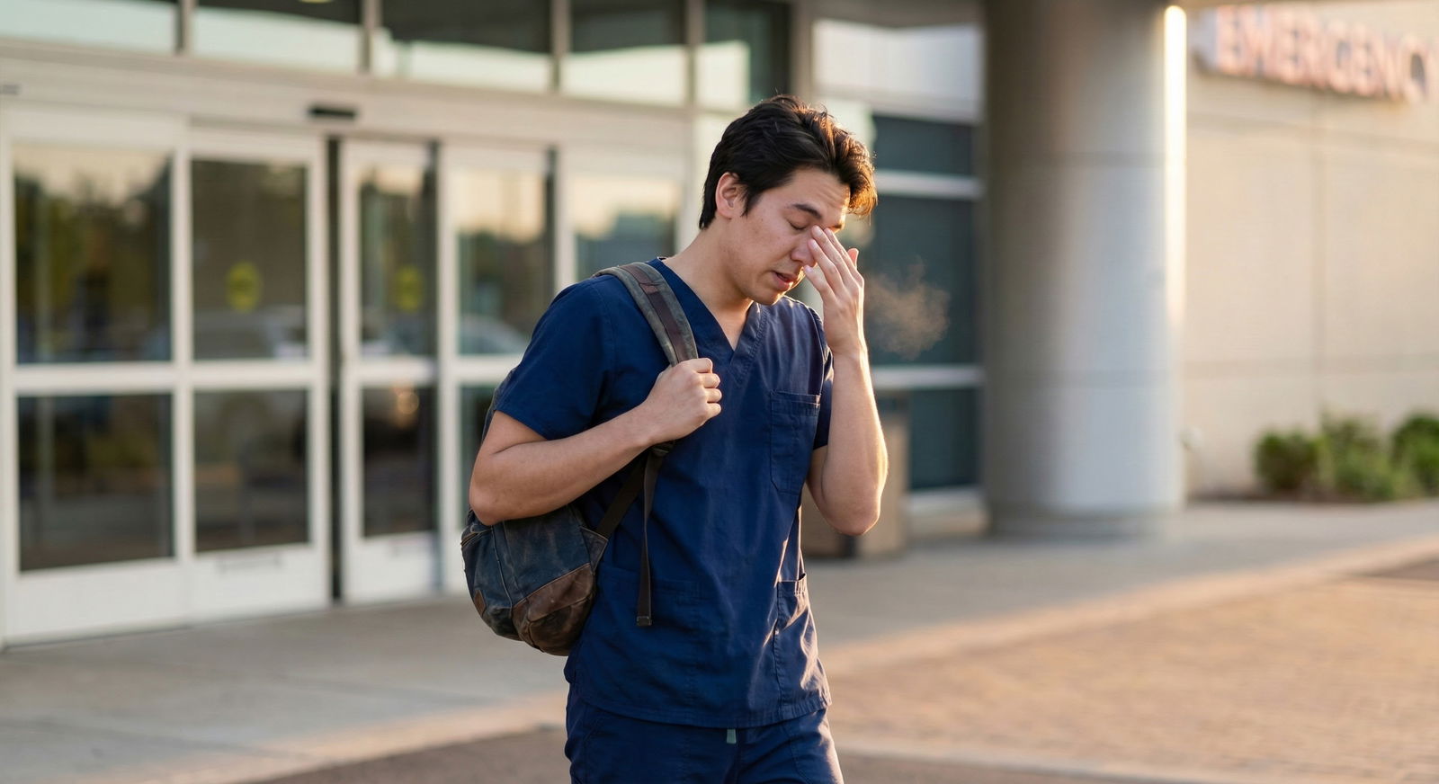 Exhausted intern leaving hospital at dawn with backpack -  for What If I Can’t Keep Up? Organization Strategies for Strugglin