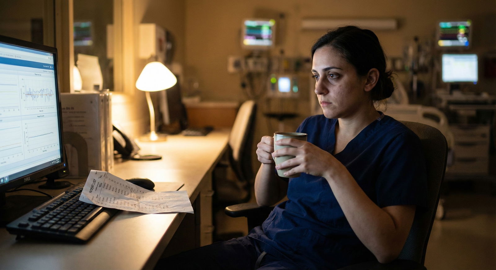Exhausted intern taking a brief coffee break in ICU workroom -  for If You’re Starting on ICU as a Brand-New Intern: Organiza