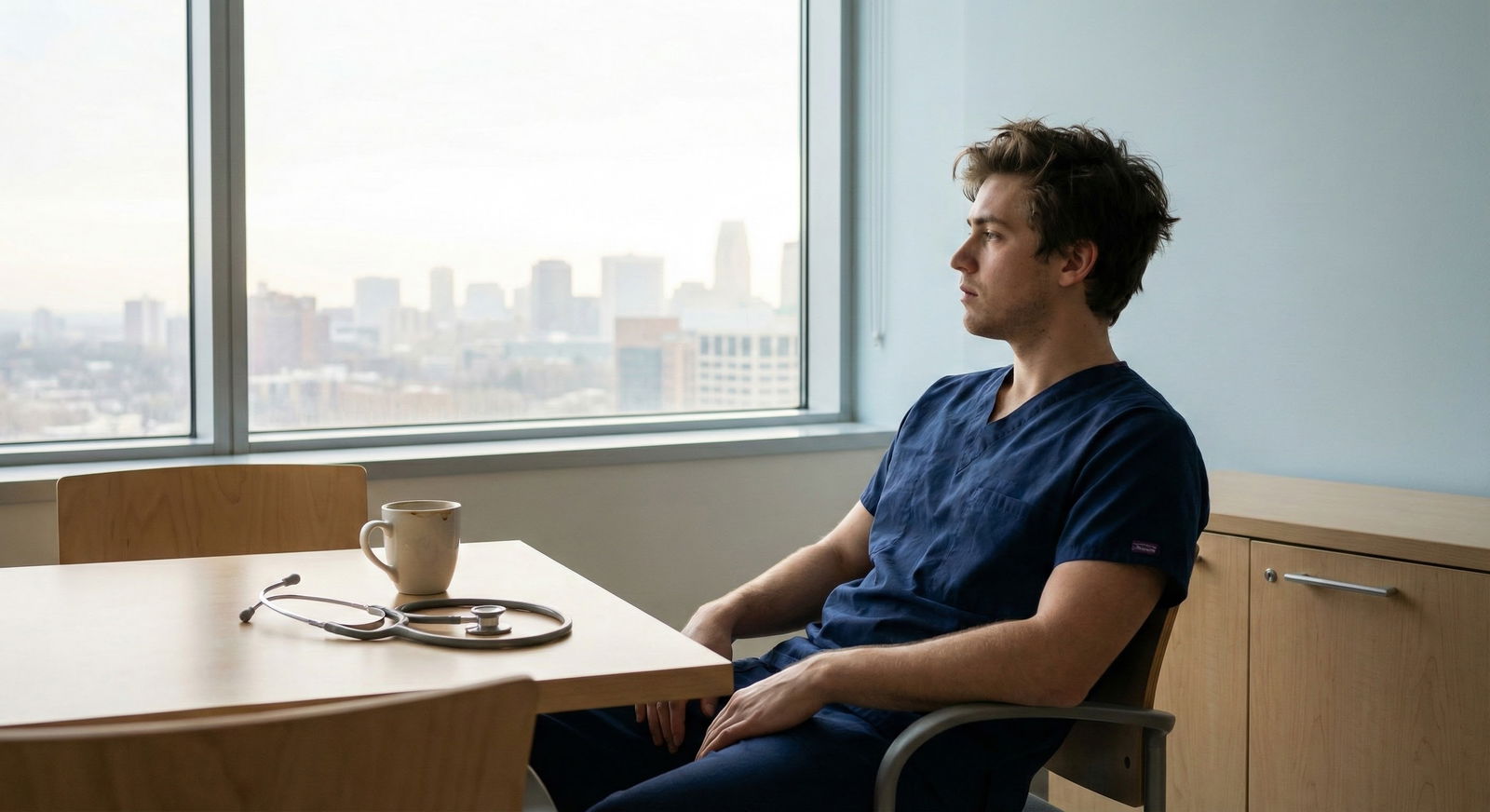 Medical student studying late at night looking overwhelmed at a desk covered in notes and a laptop -  for Panicking About Fal
