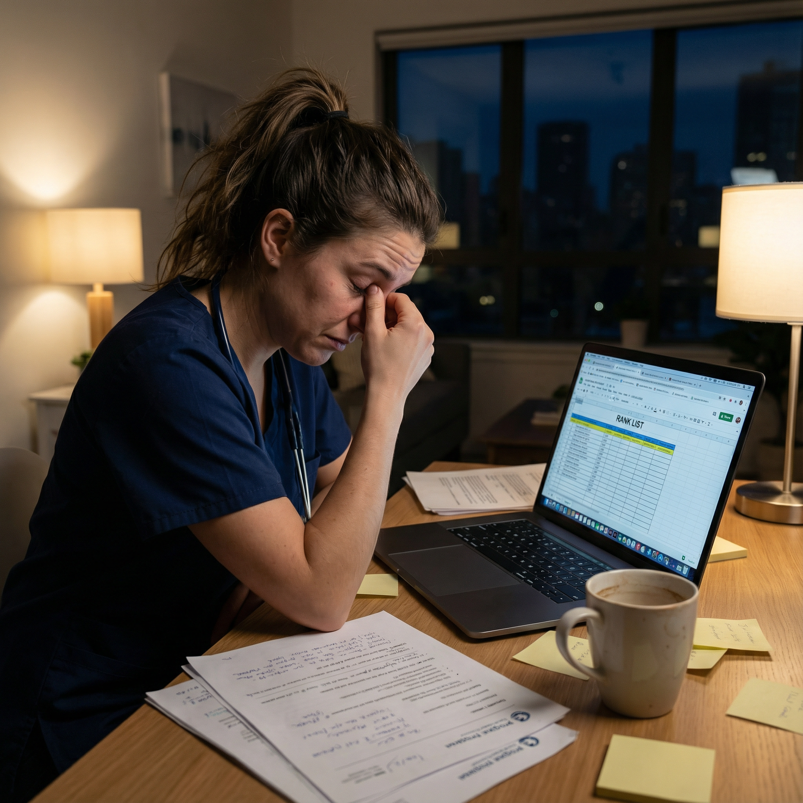 Resident choosing between two residency programs on laptop at night -  for How Do I Decide My #1 Residency Choice When Two Fe