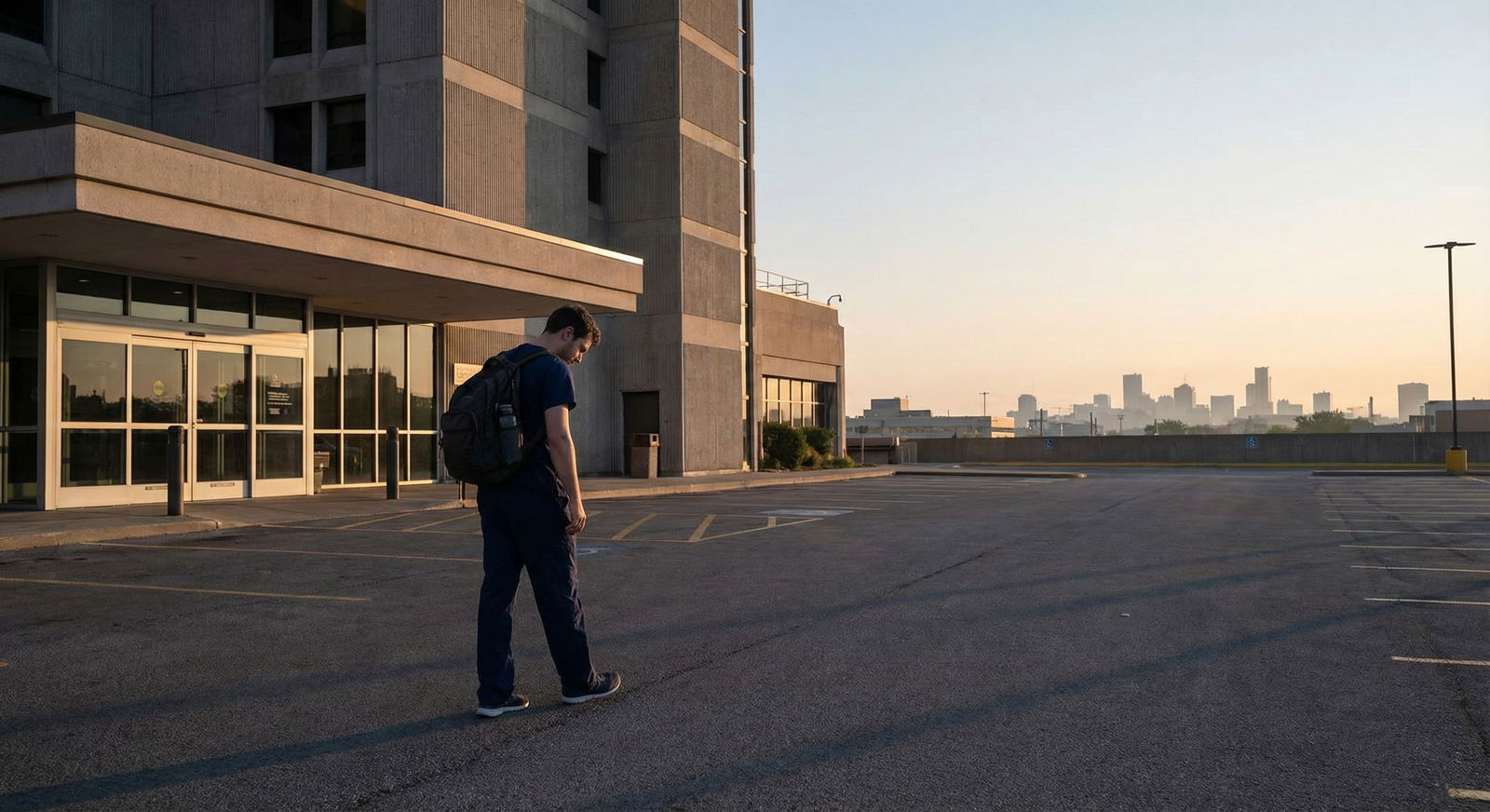 Exhausted resident doctor walking out of hospital after overnight call at sunrise -  for Post-Call Survival Plan: A Step-by-S