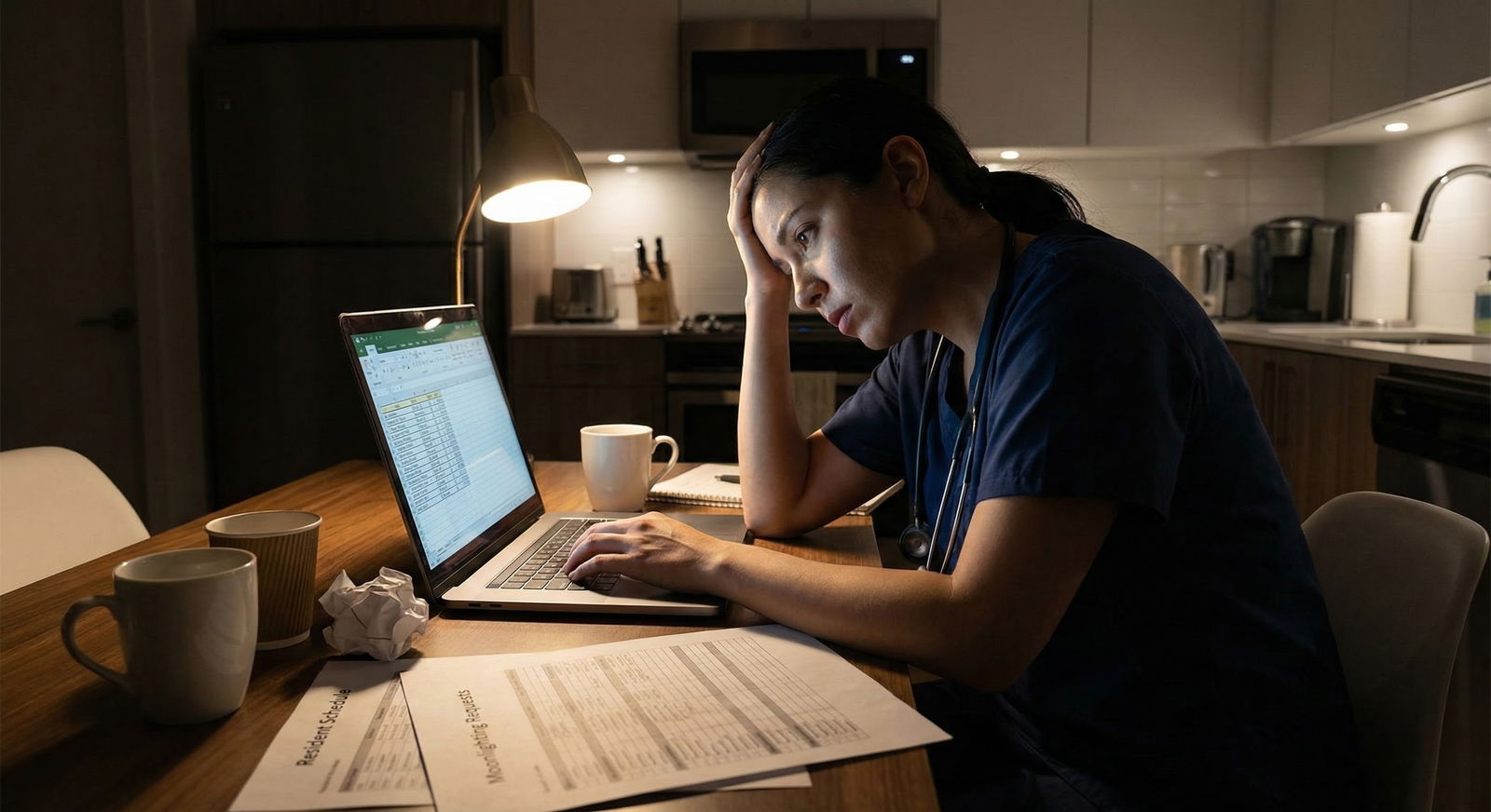 Stressed young physician reviewing contract and finances late at night -  for I Signed a Low‑Ball Contract: Is My Financial F