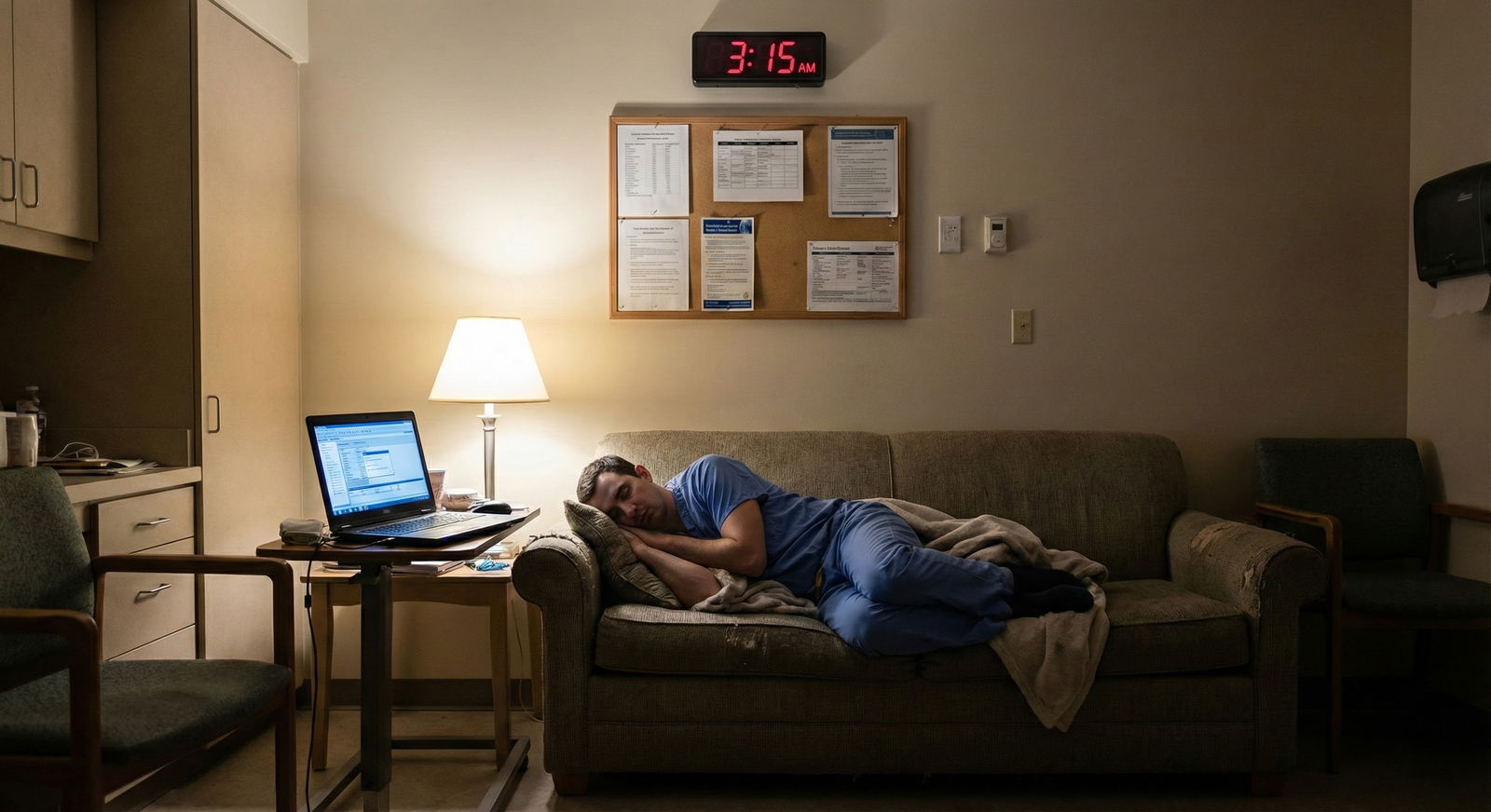 Exhausted resident resting in call room during night shift -  for How Are Residency Work Hours Actually Counted? A Clear Brea