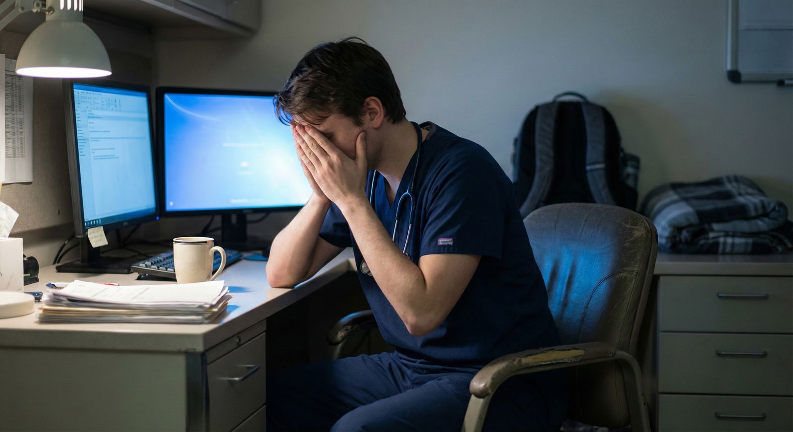 Exhausted resident sitting alone in a hospital call room at night -  for I Dread Every Shift: Is It Time to Leave My Program