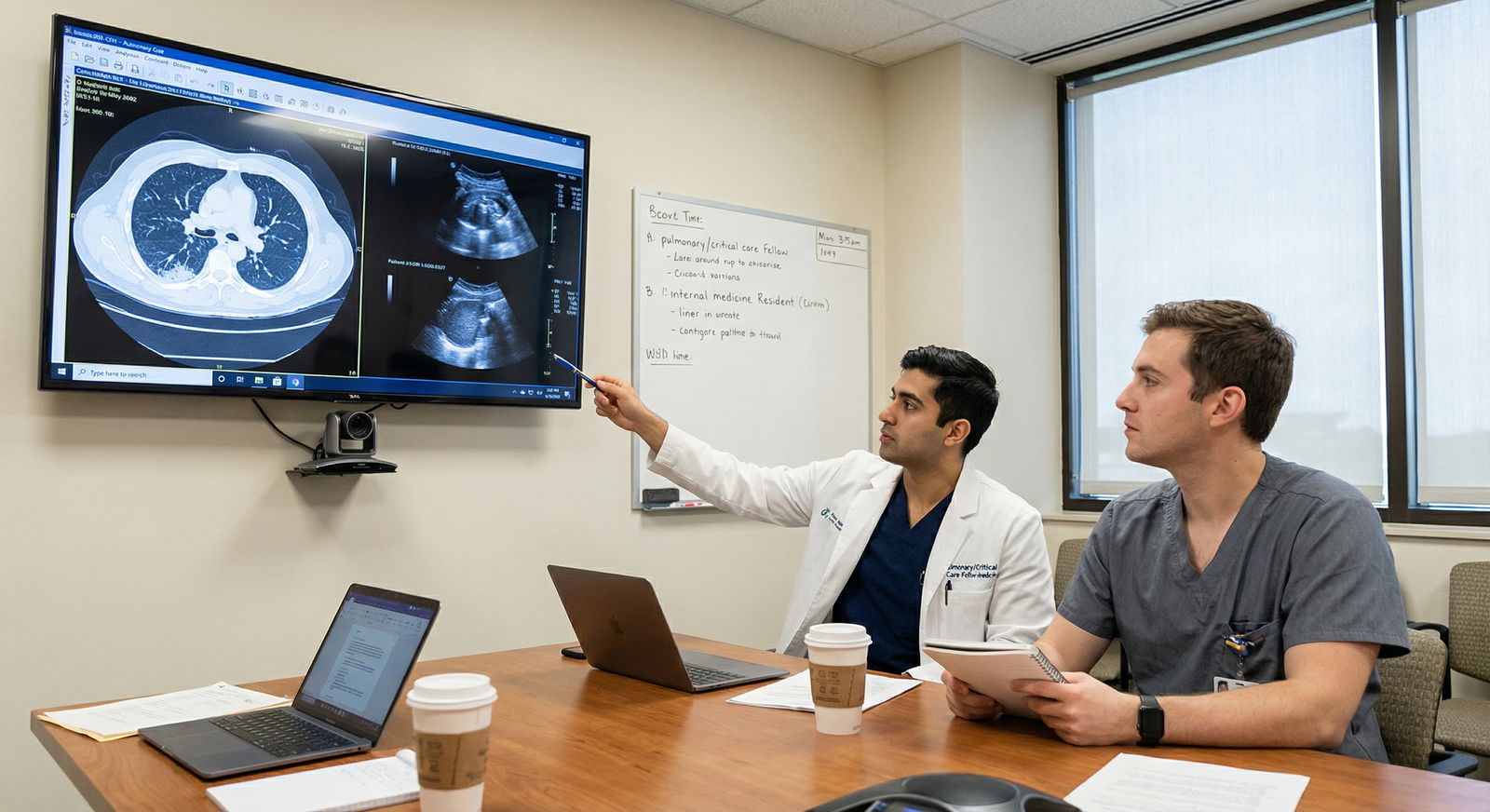 Fellow and resident discussing a complication in a conference room -  for Highlighting Procedural Competence Without Looking