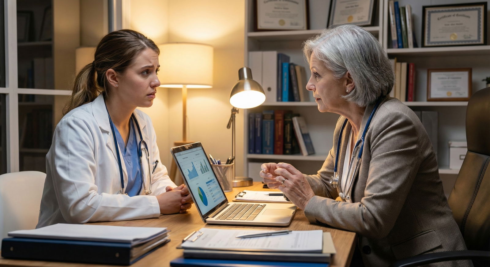 Female physician in contract negotiation meeting -  for How Direct Should Women Be in Negotiating Their First Physician Contr