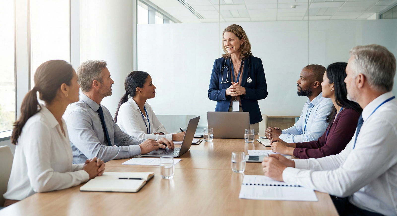 Female physician speaking firmly in a hospital conference room -  for Myth: Speaking Up About Sexism Always Destroys Your Med