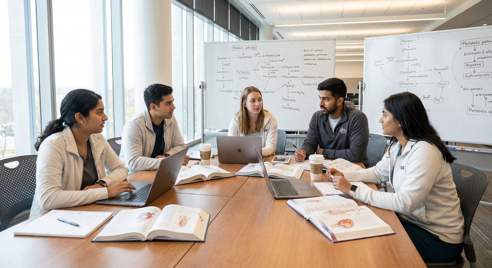 First year medical students studying together in a modern library -  for MS1 Year: What to Front-Load Now That Step 1 Is Pass