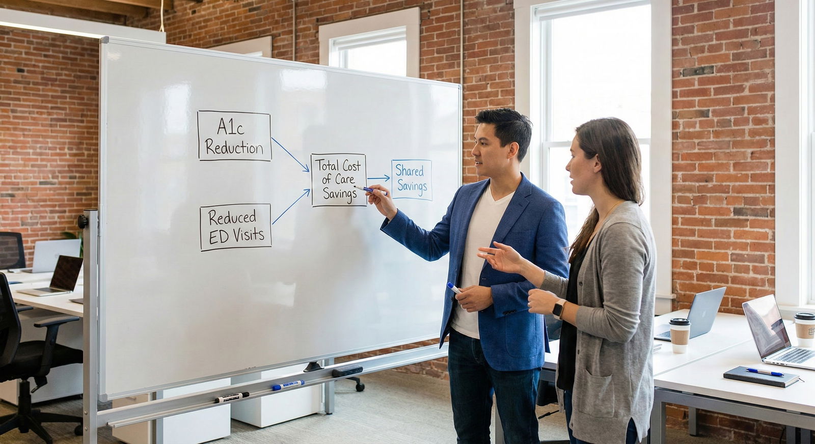 Founders mapping clinical outcomes to financial metrics on a whiteboard -  for Monetizing Chronic Disease Platforms Through V