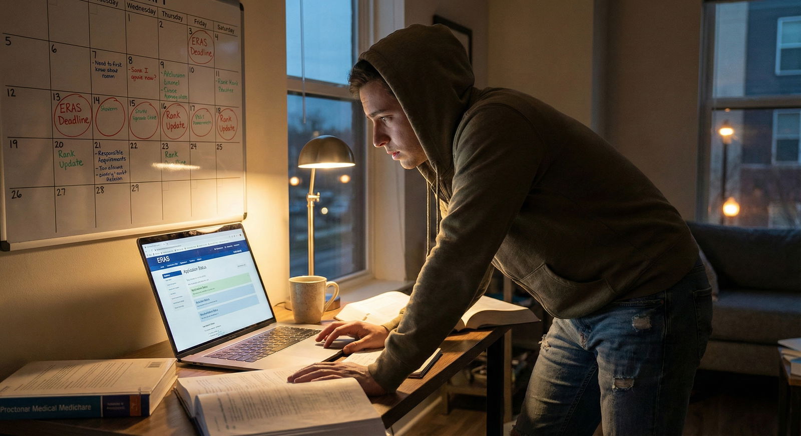 Medical student anxiously checking exam score on laptop late at night -  for What If My Step 2 CK Posts Right After I Submit