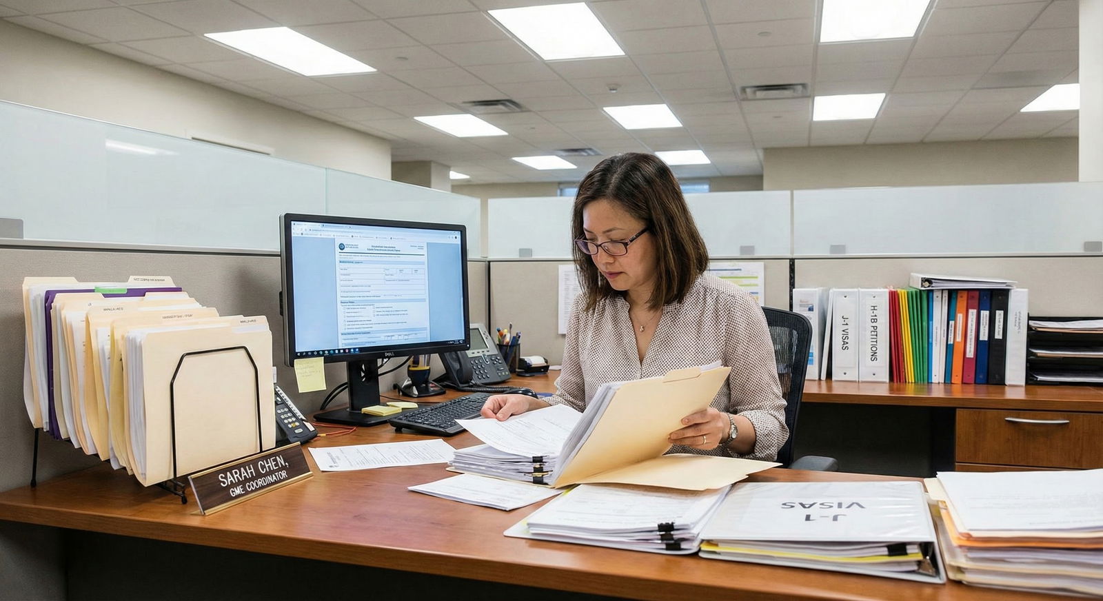 GME coordinator preparing H-1B petition paperwork -  for Behind the Scenes: How GME Offices Decide Who Gets H-1B Support