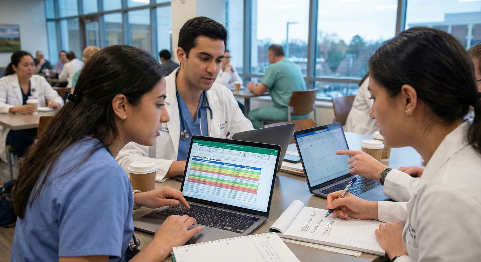 Group of medical students discussing residency strategy -  for Should I Time ERAS Submission Differently for Reach vs. Safety