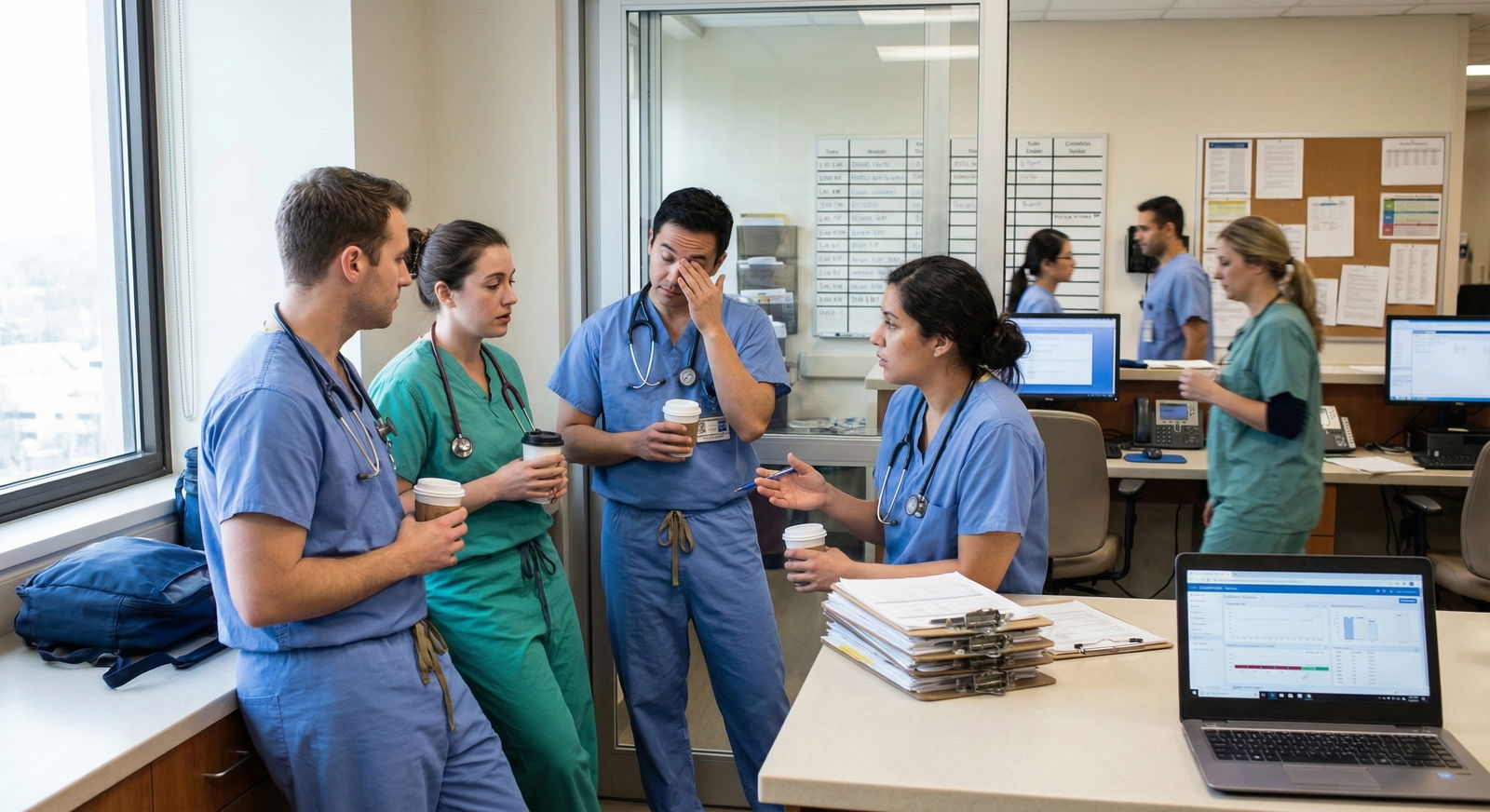 Group of residents informally debriefing in a hospital workroom -  for Who Should I Talk to First About Burnout—PD, Chief, or