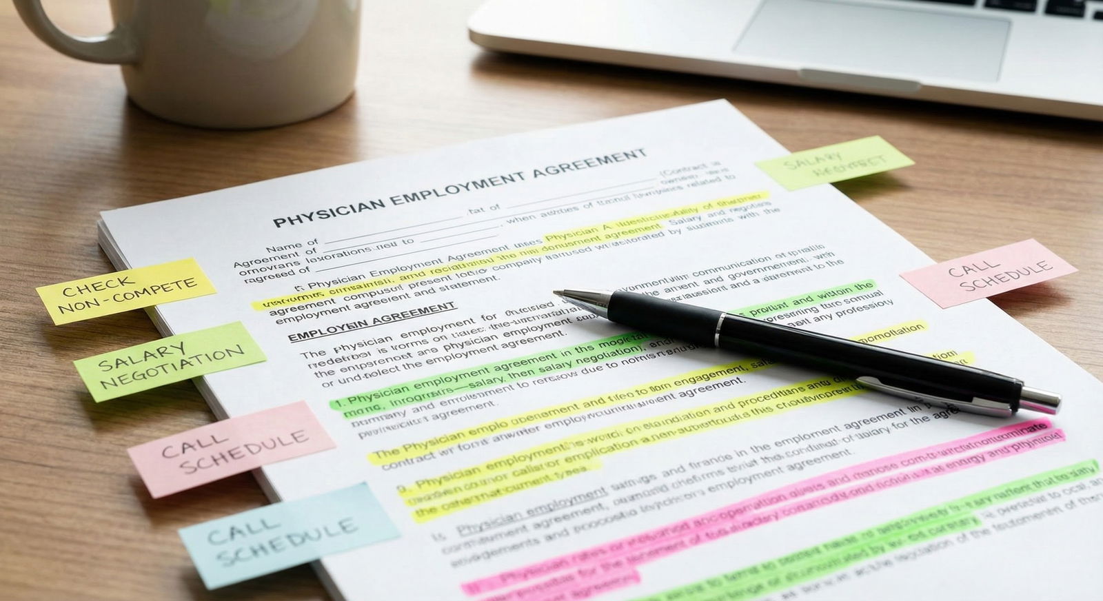 Highlighted physician employment contract with sticky notes Highlighted physician employment contract with sticky notes - for 90 Days Before Graduation: Contract Review and Negotiation