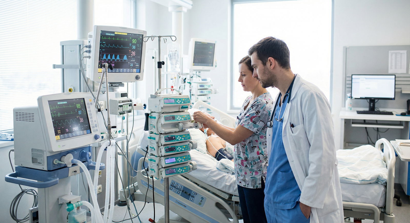 ICU intern reviewing vital signs and vent settings in a patient room -  for If You’re Starting on ICU as a Brand-New Intern: