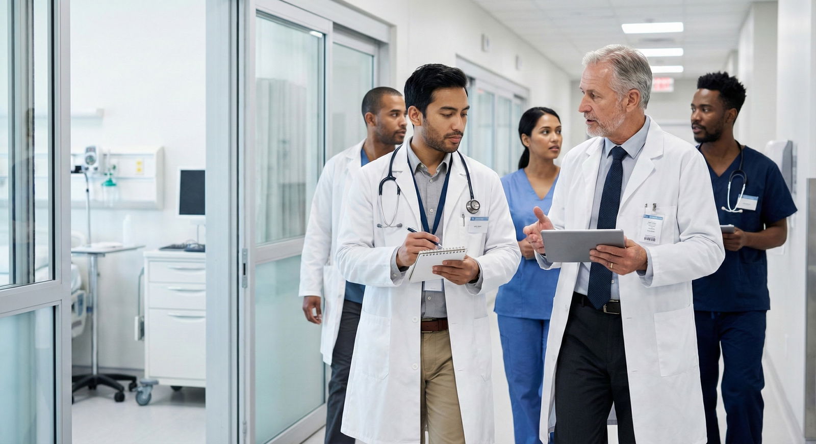 International medical graduate on internal medicine ward rounding with US team, holding a structured clinical logbook -  for