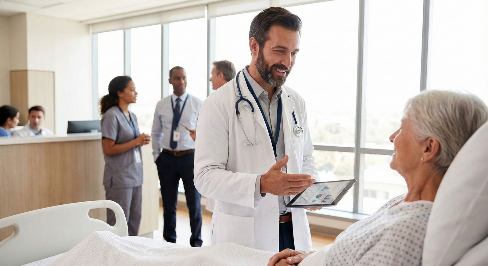 IMG doctor speaking with a patient on hospital ward IMG doctor speaking with a patient on hospital ward - for Do IMGs Need ‘Perfect’ English to Match? What Outcomes Actually Sh