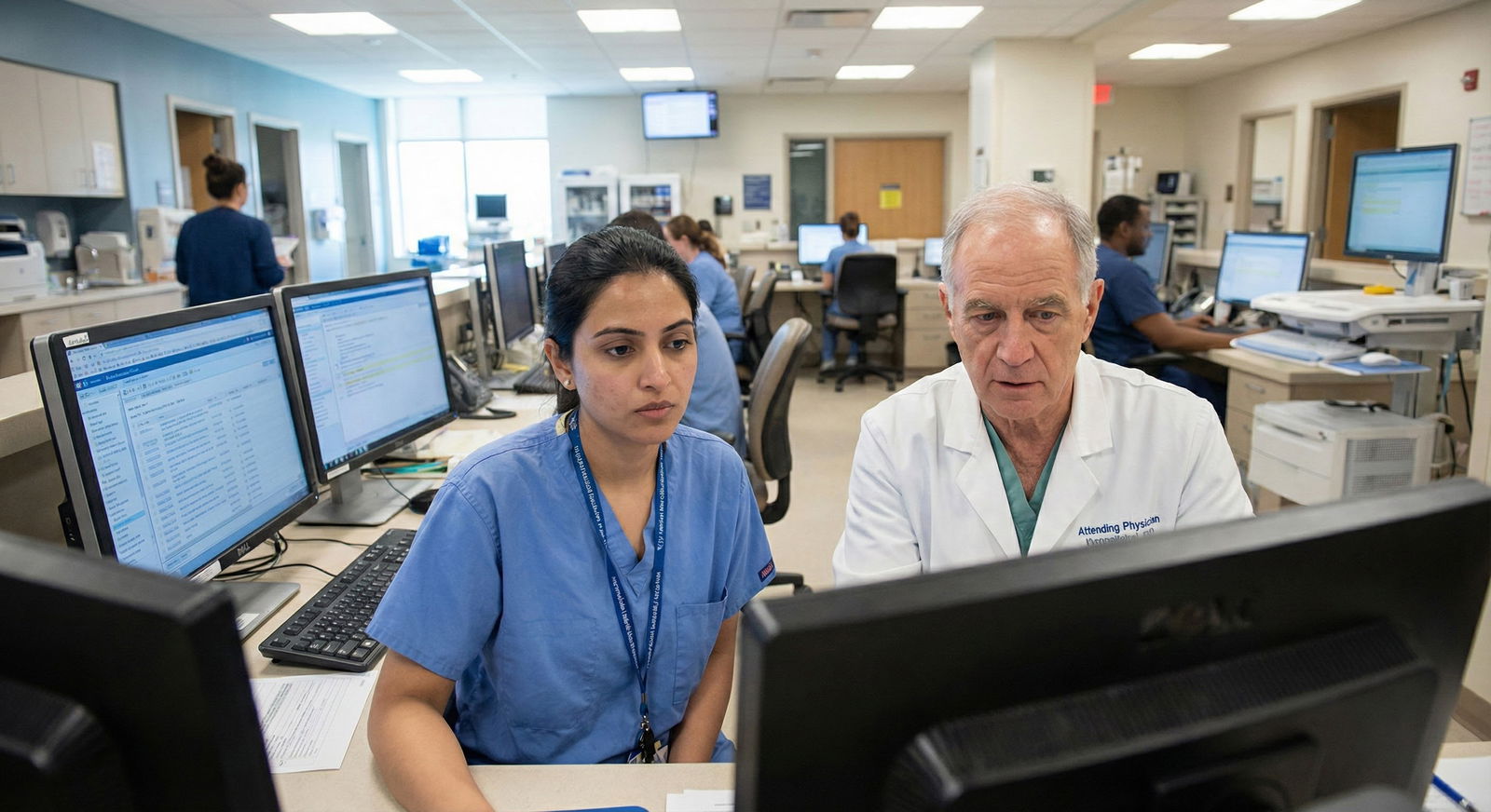 IMG resident discussing visa issues with attending physician in hospital workroom -  for How Your Visa Choice Affects Fellows