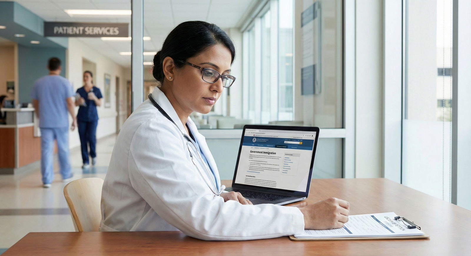 IMG resident reviewing H-1B visa options at a hospital office desk -  for Matched at a Non–Cap-Exempt Hospital: H-1B Strategi