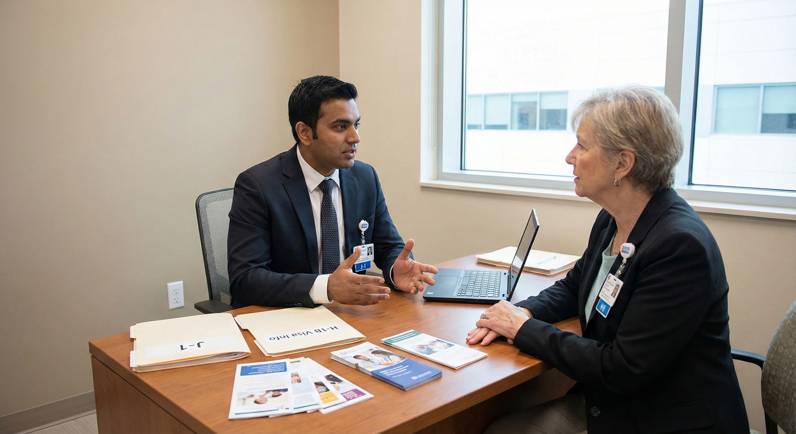IMG resident talking to program coordinator about visa options -  for Behind the Scenes: How GME Offices Decide Who Gets H-1B