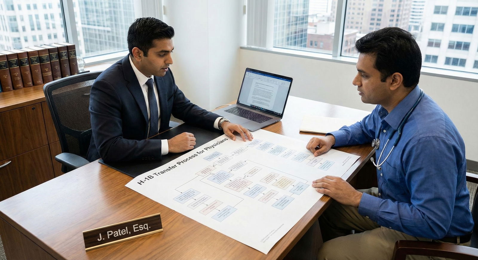 Immigration attorney and physician reviewing H-1B transfer strategy -  for Can I Switch Employers on H-1B as a Physician? Rul