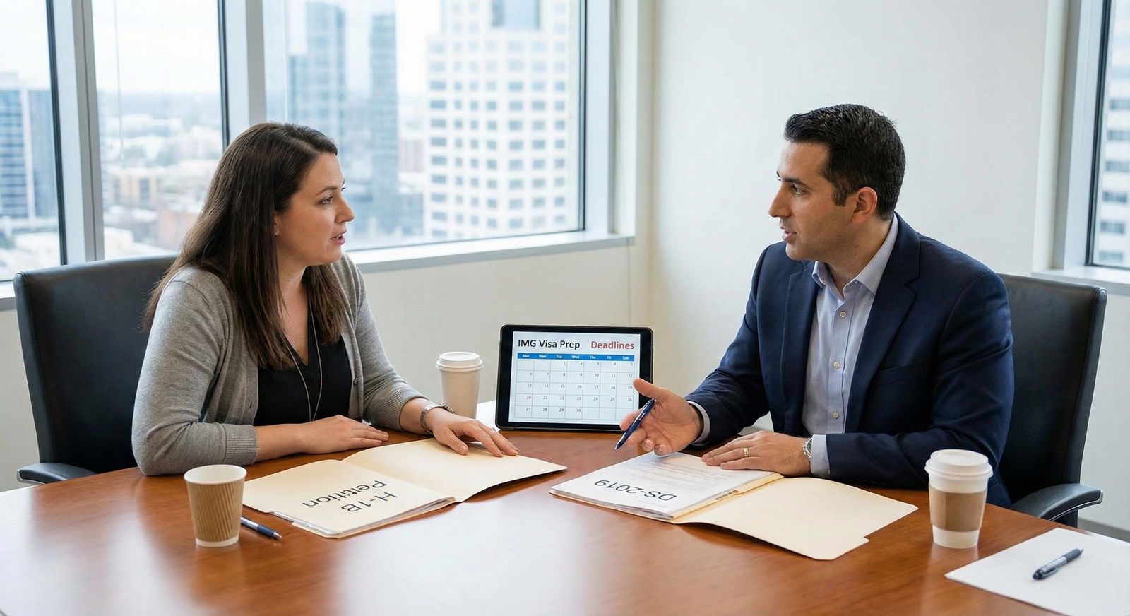 Immigration attorney reviewing H-1B petition documents with hospital HR representative -  for IMG Visa Prep Timeline: DS‑2019