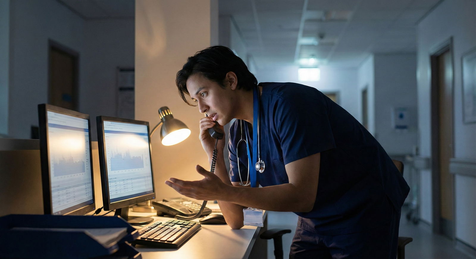 Intern on night shift reviewing labs on a computer while talking on phone -  for How Much Autonomy Should an Intern Have on C