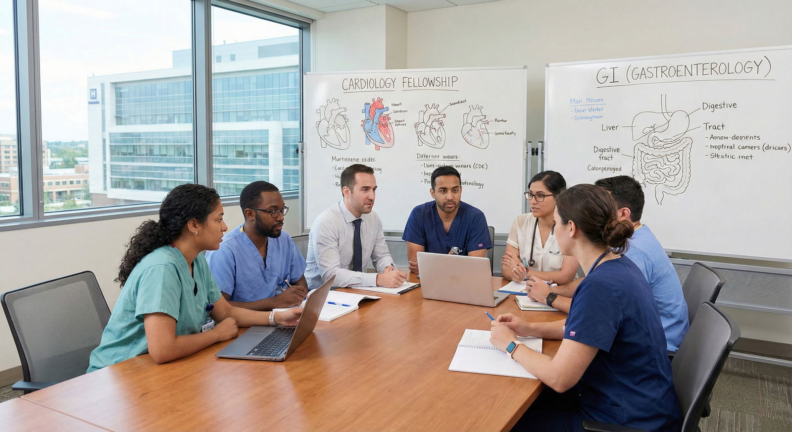 Internal medicine residents discussing training and fellowship options -  for How Important Is In‑House Fellowship Availabili