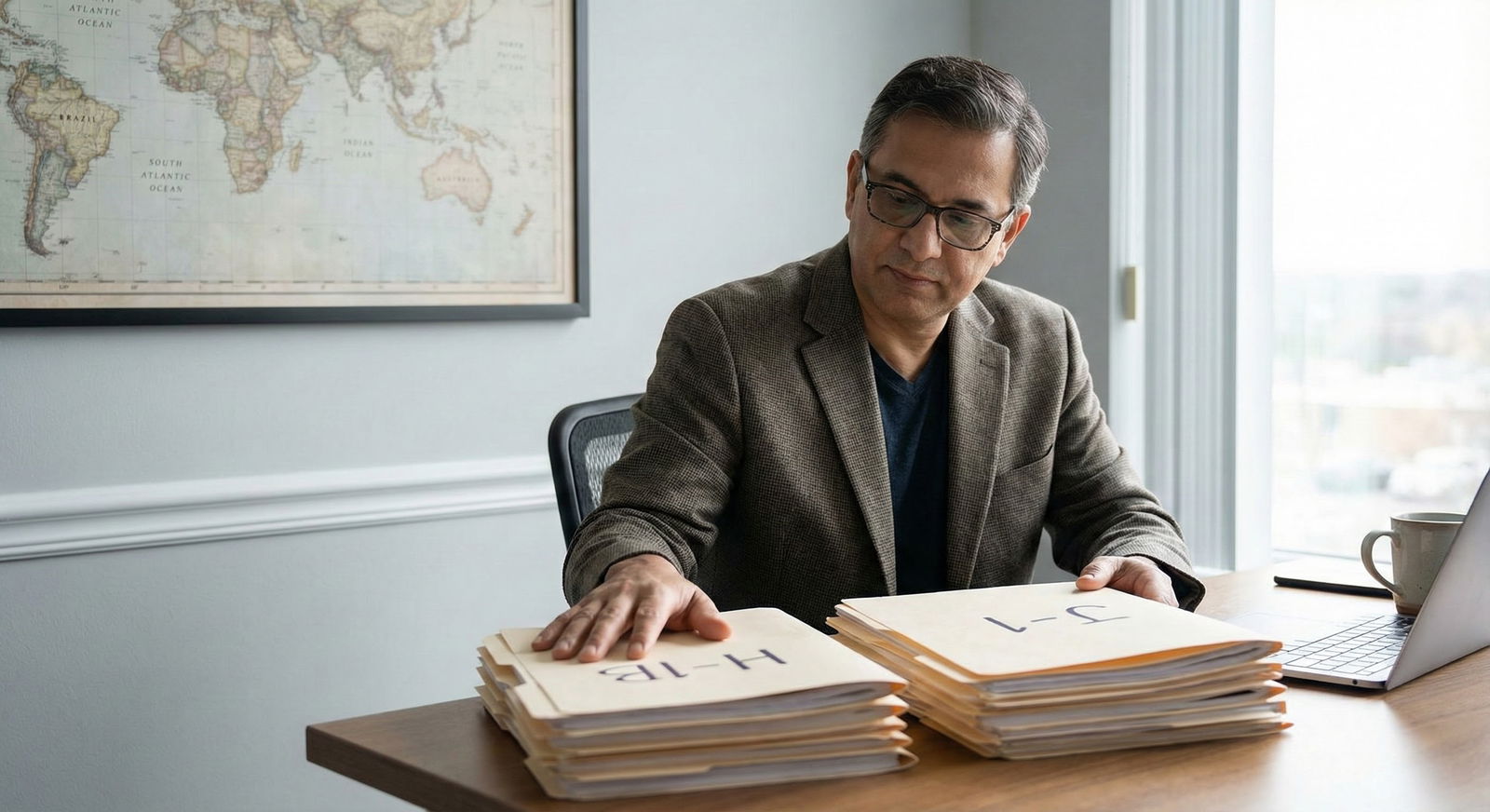 International doctor weighing H-1B vs J-1 visa options with documents -  for 7 H-1B Visa Assumptions That Quietly Sabotage IM