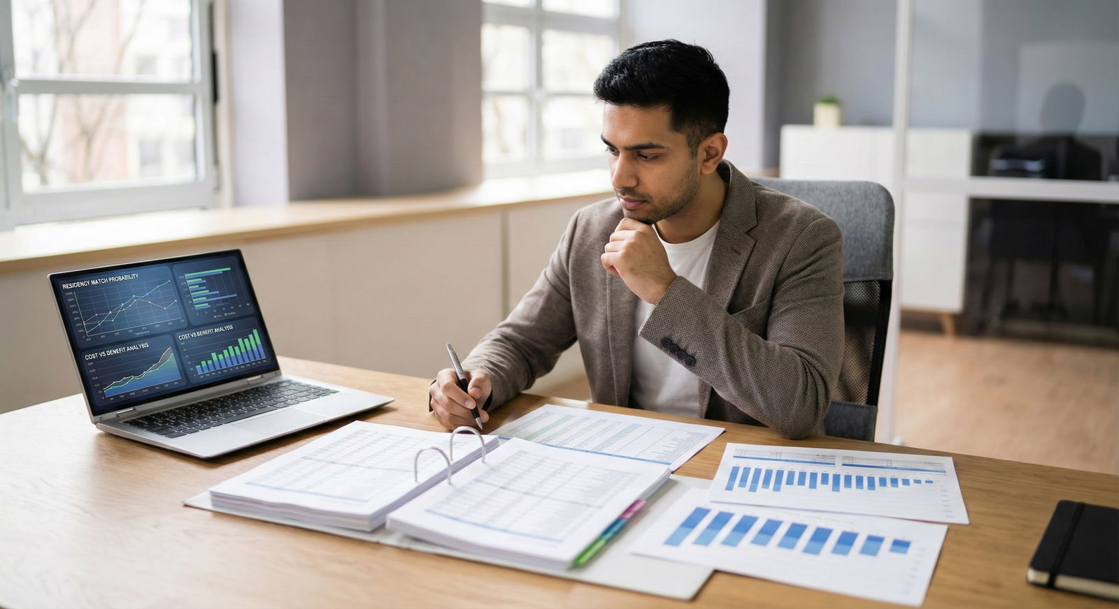 International medical graduate analyzing residency application strategy with charts and laptop -  for How Many Programs Shoul