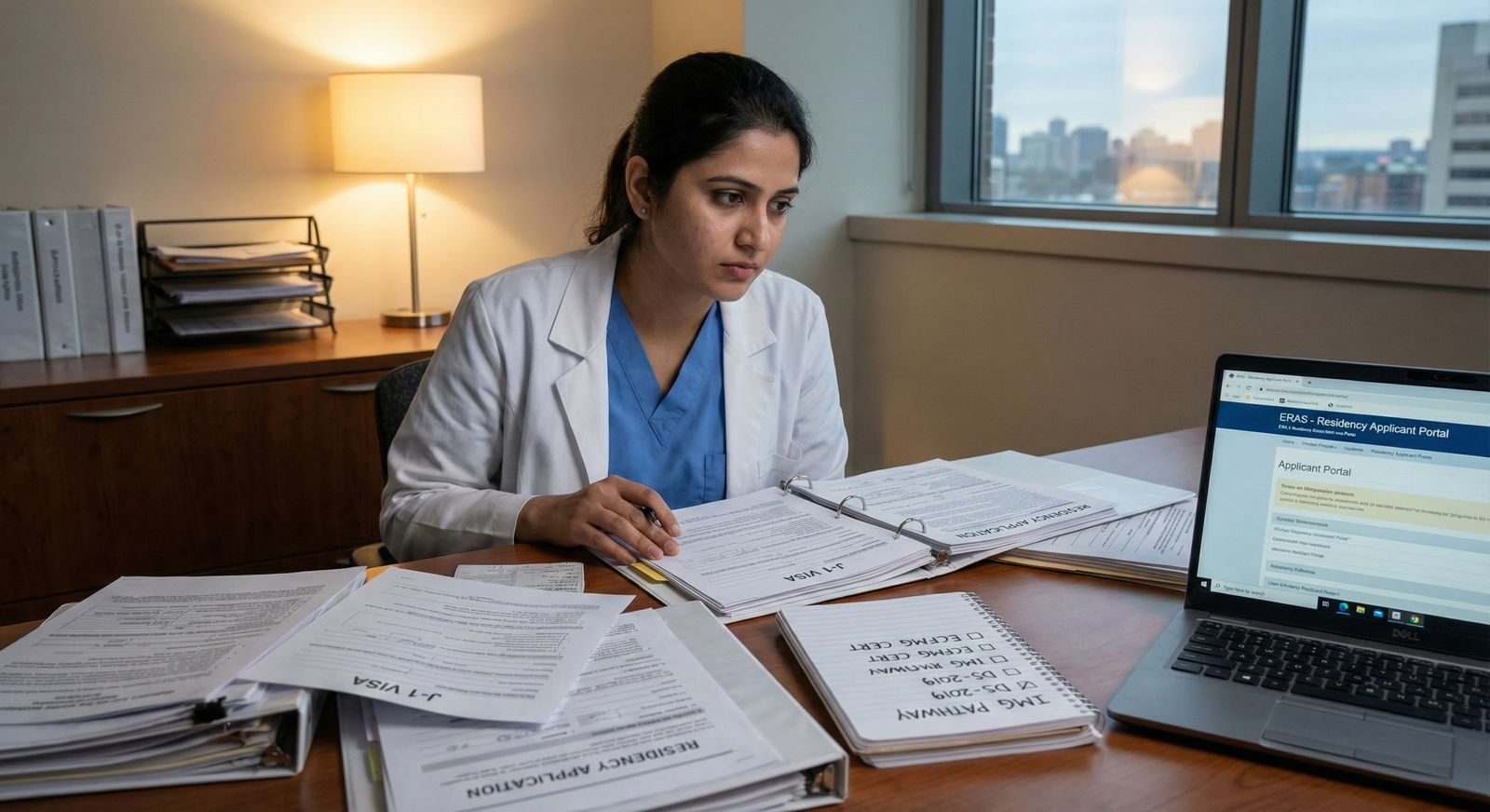 International medical graduate at desk organizing visa documents and drafting a residency application checklist -  for IMG on