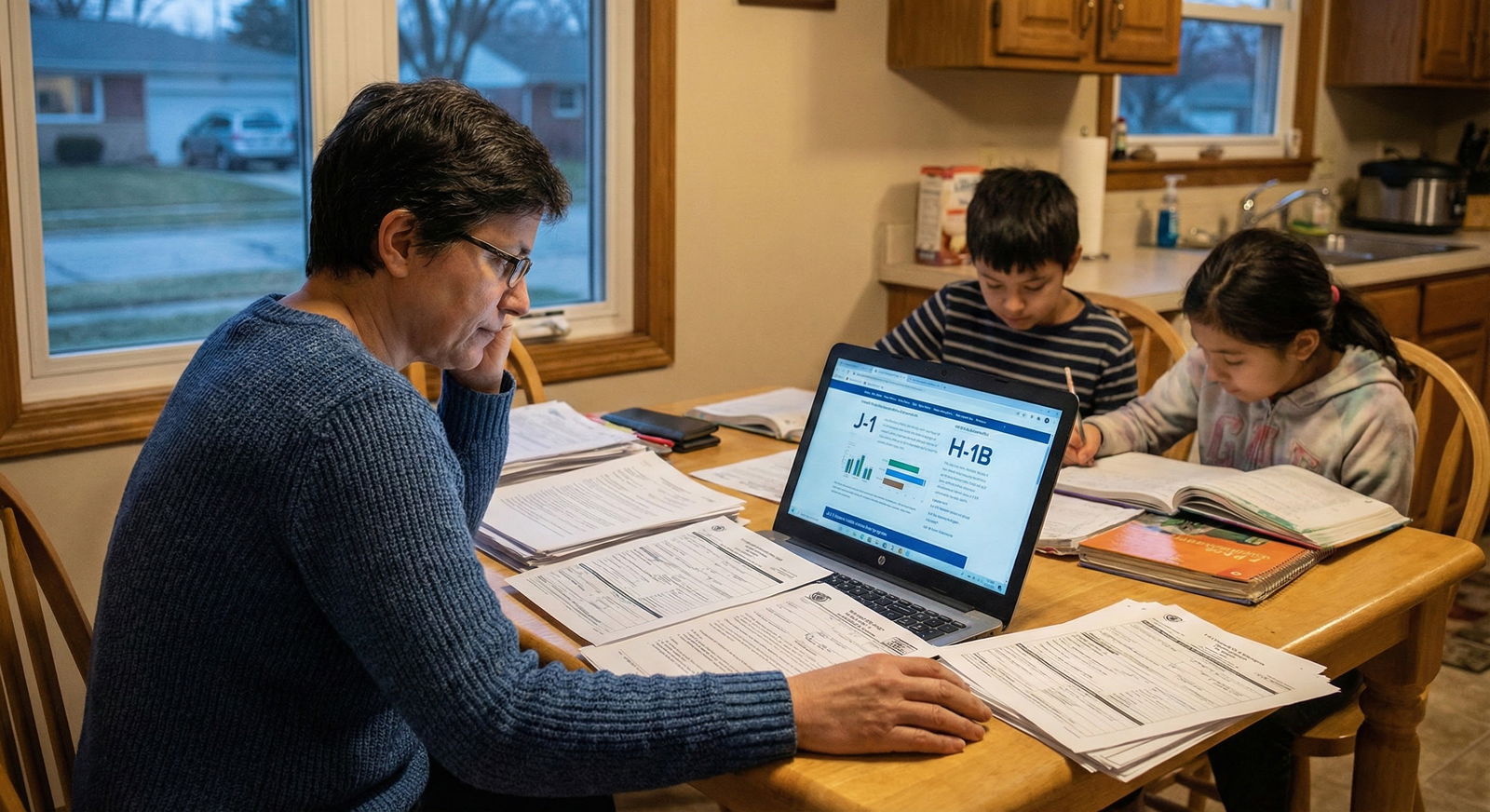 International medical graduate parent looking at US visa documents while children do homework -  for Older IMG With Kids in S
