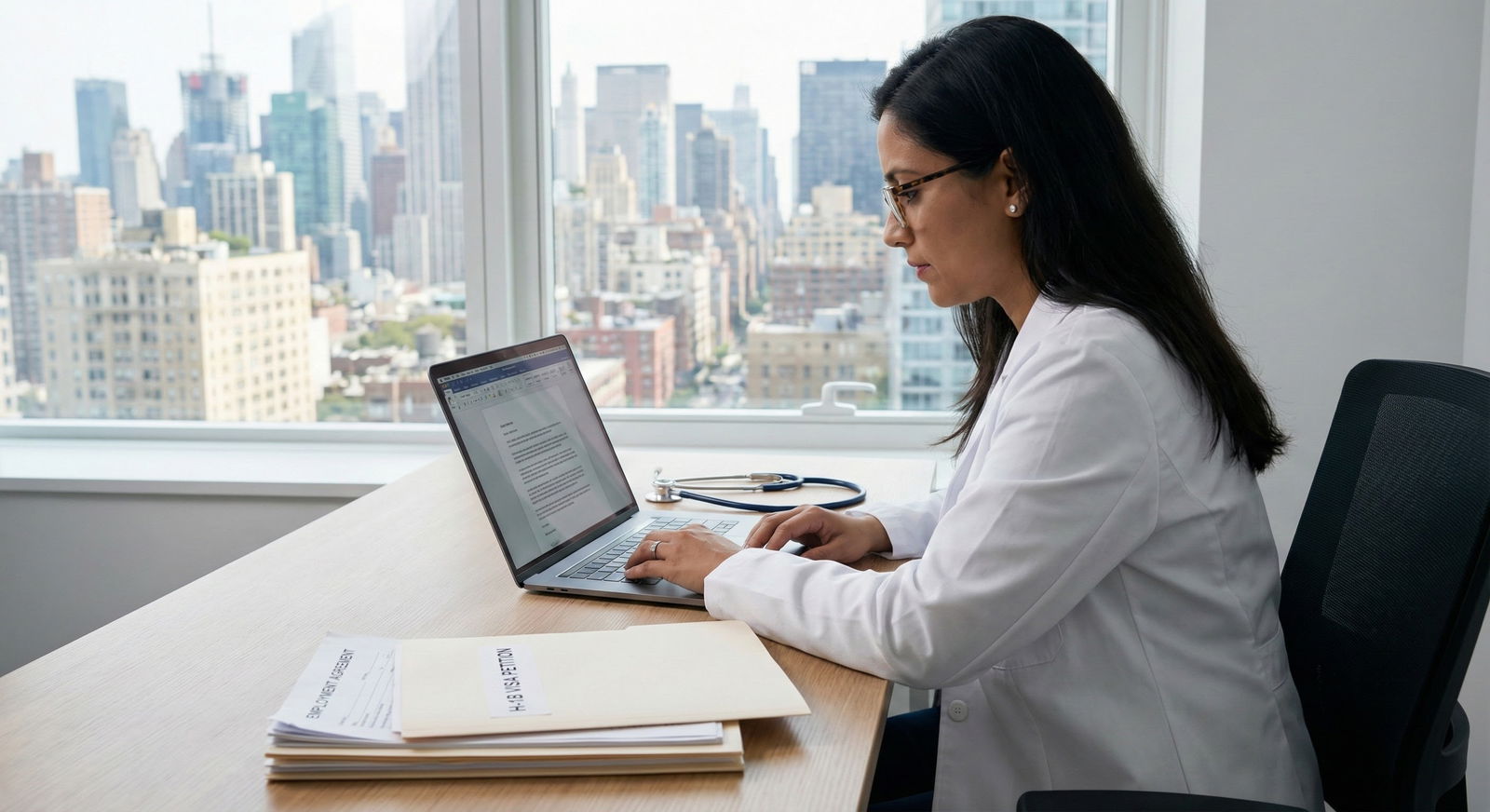 International medical graduate physician reviewing H-1B employment documents in hospital office -  for Can I Switch Employers