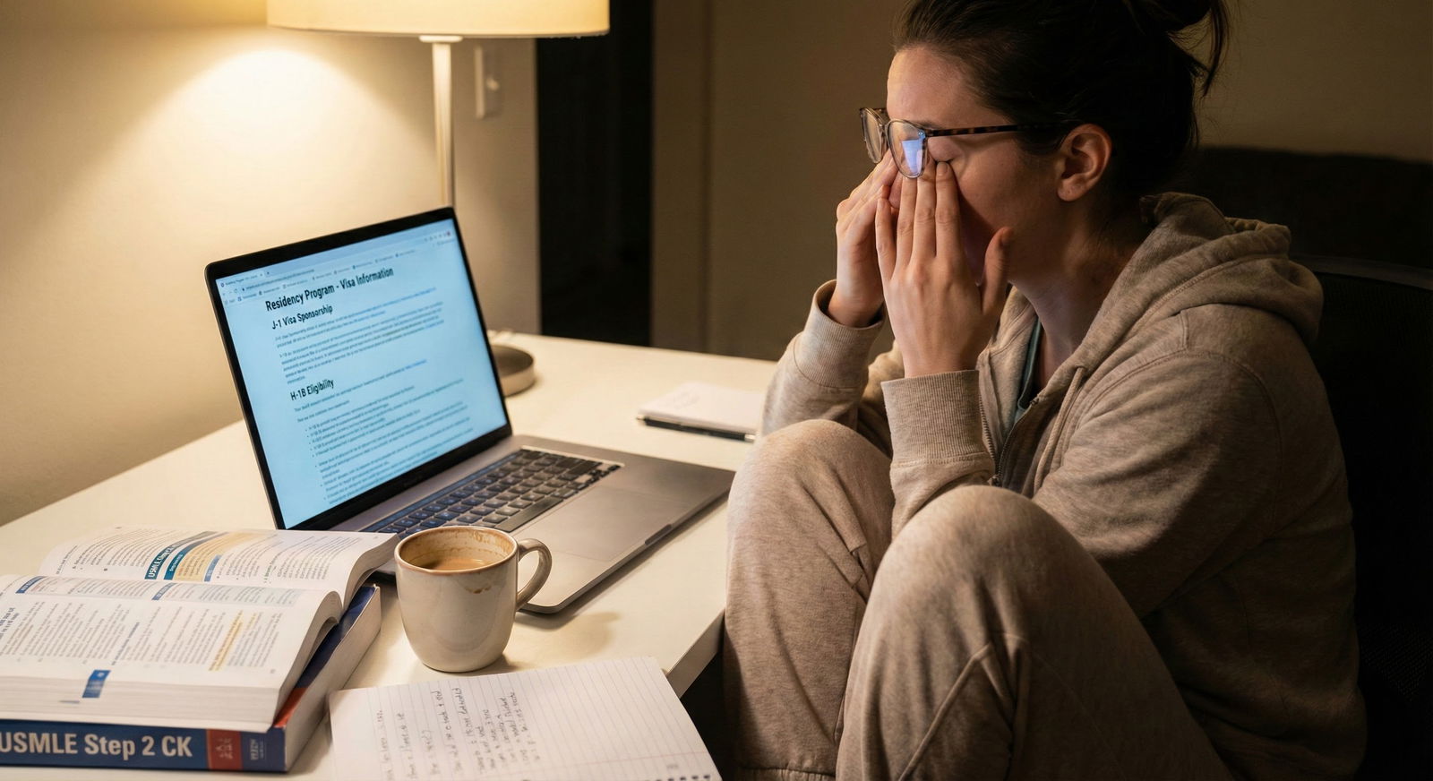 International medical graduate researching residency visa policies on a laptop at night -  for Why Some Programs Publicly Say