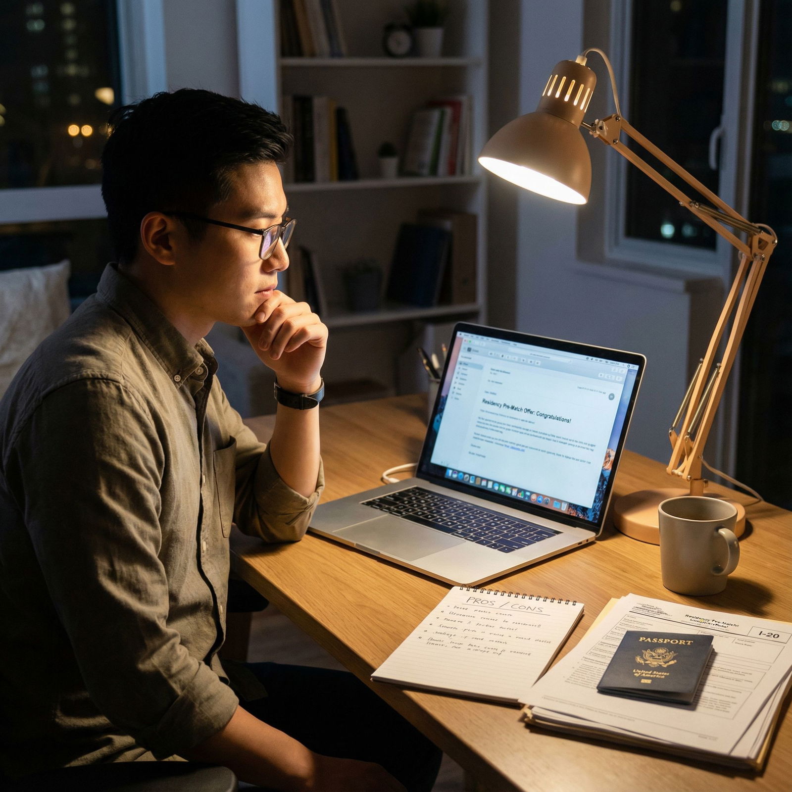 Resident physician reviewing a residency contract offer at a desk -  for Is It Okay to Ask for Changes to a Pre-Match Offer,