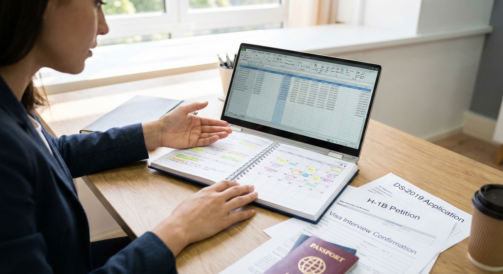 International medical graduate reviewing visa timeline documents with calendar and laptop -  for IMG Visa Prep Timeline: DS‑2