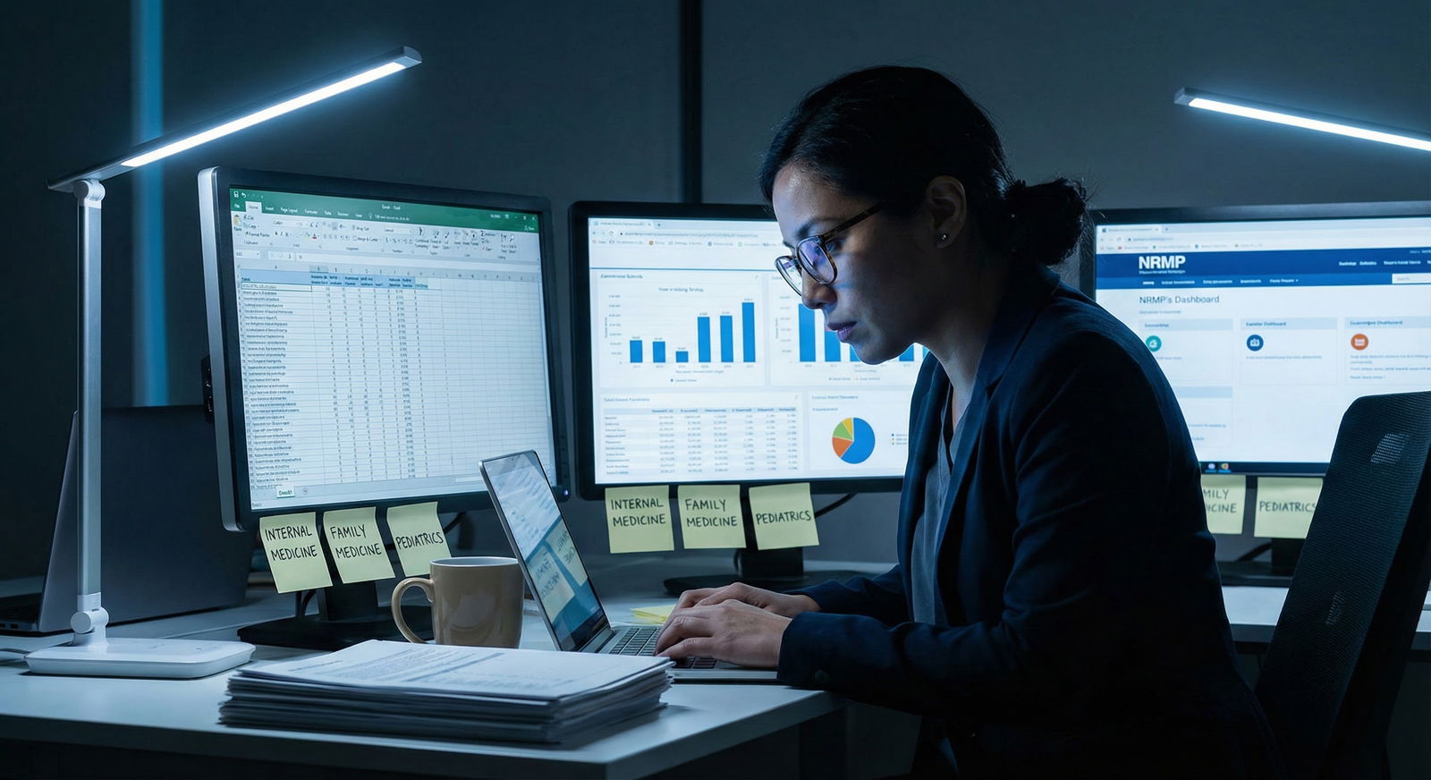 International medical graduates tracking residency match data on multiple computer screens -  for Post‑MATCH SOAP Outcomes fo