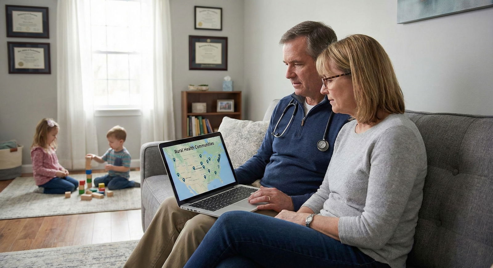 International physician couple reviewing US waiver job locations on a laptop map -  for Older IMG With Kids in School: Balanc