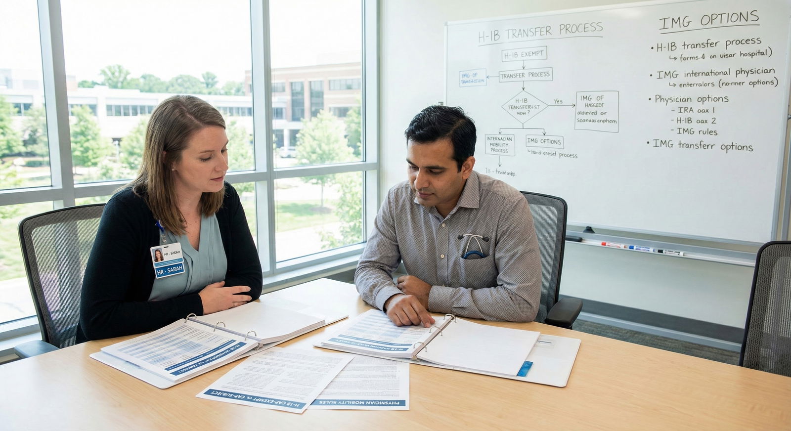 International physician discussing H-1B cap-exempt vs cap-subject options with HR representative -  for Can I Switch Employer