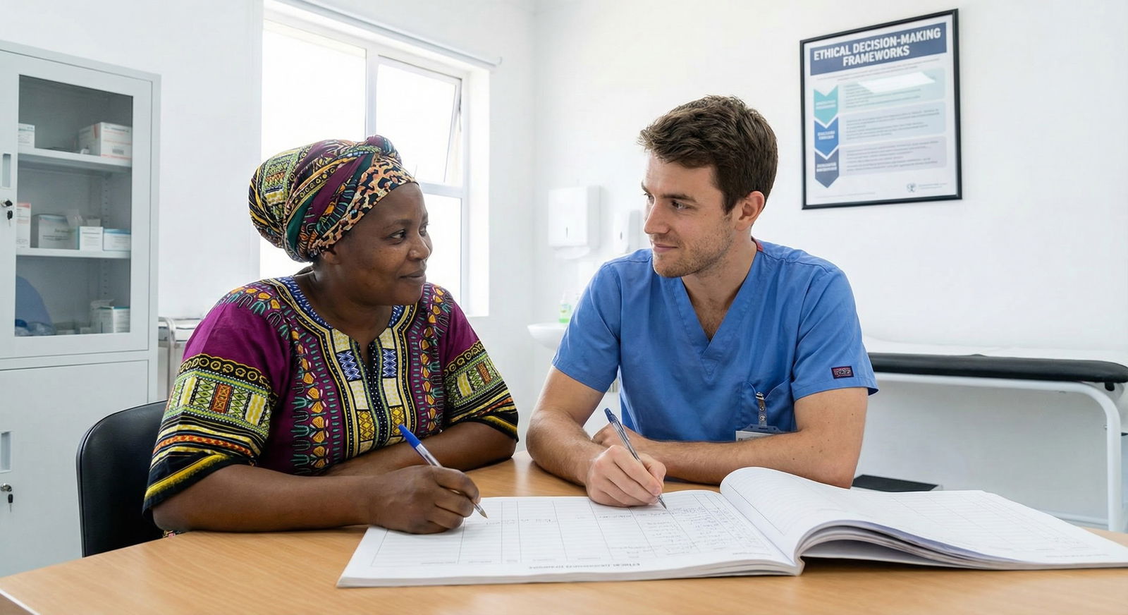 Local nurse and trainee collaborating on patient chart -  for Ethical Decision-Making Frameworks for Trainees in Low-Resource