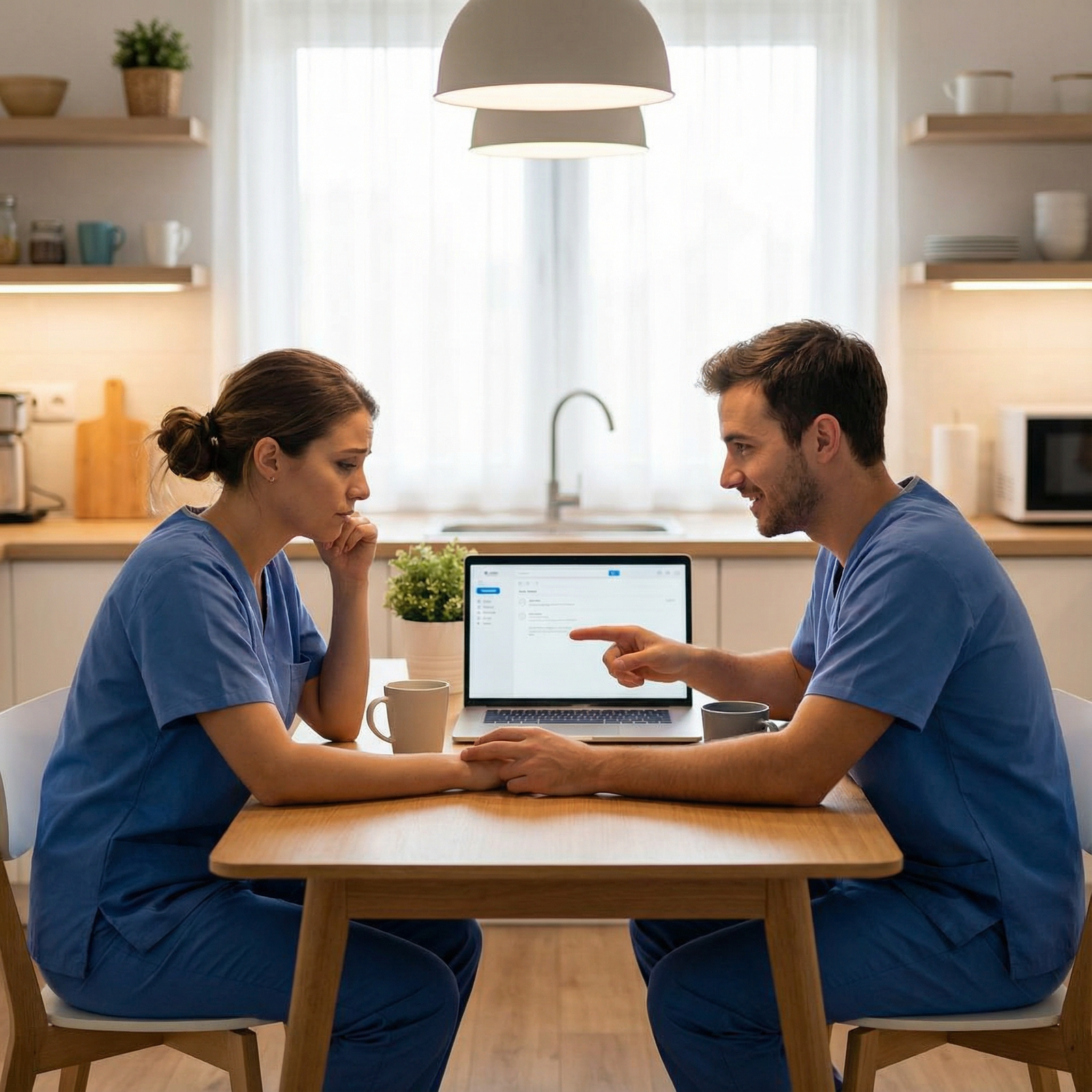 Medical couple at a kitchen table with laptops, one person excited pointing at a screen, the other looking worried but suppor